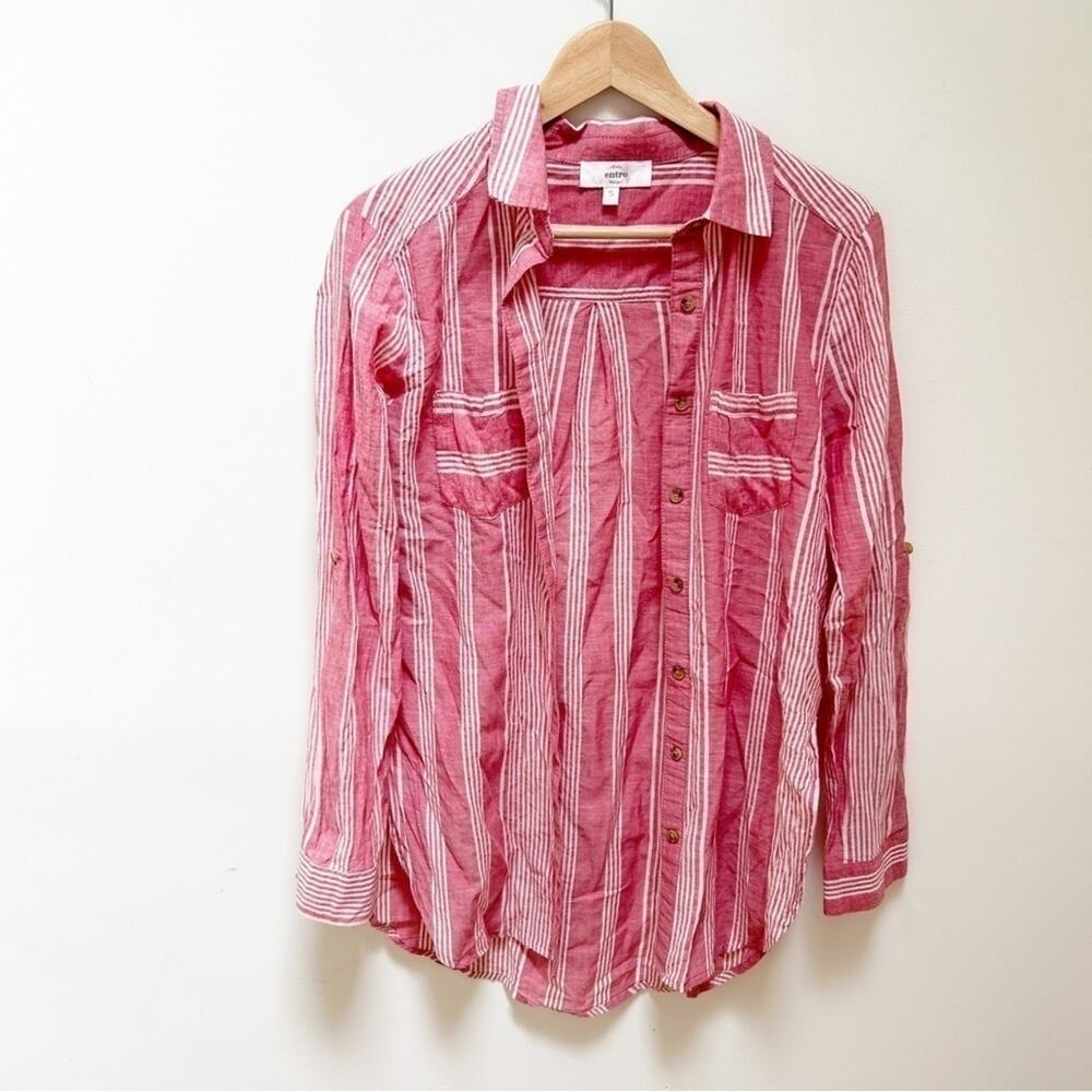 Entro Women's Red White Stripe Long Sleeve Button-Down Cotton Shirt Size S